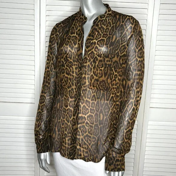 BCBGMAXAZRIA Anderson Leopard Print Sheer 100% Silk Button Front Blouse Shirt S - Picture 5 of 8